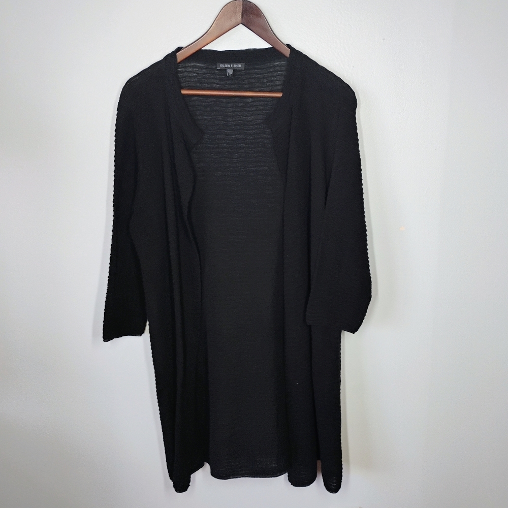 Eileen Fisher Textured Open Cardigan Womens‎ Medium Black Linen Blend Minimalist